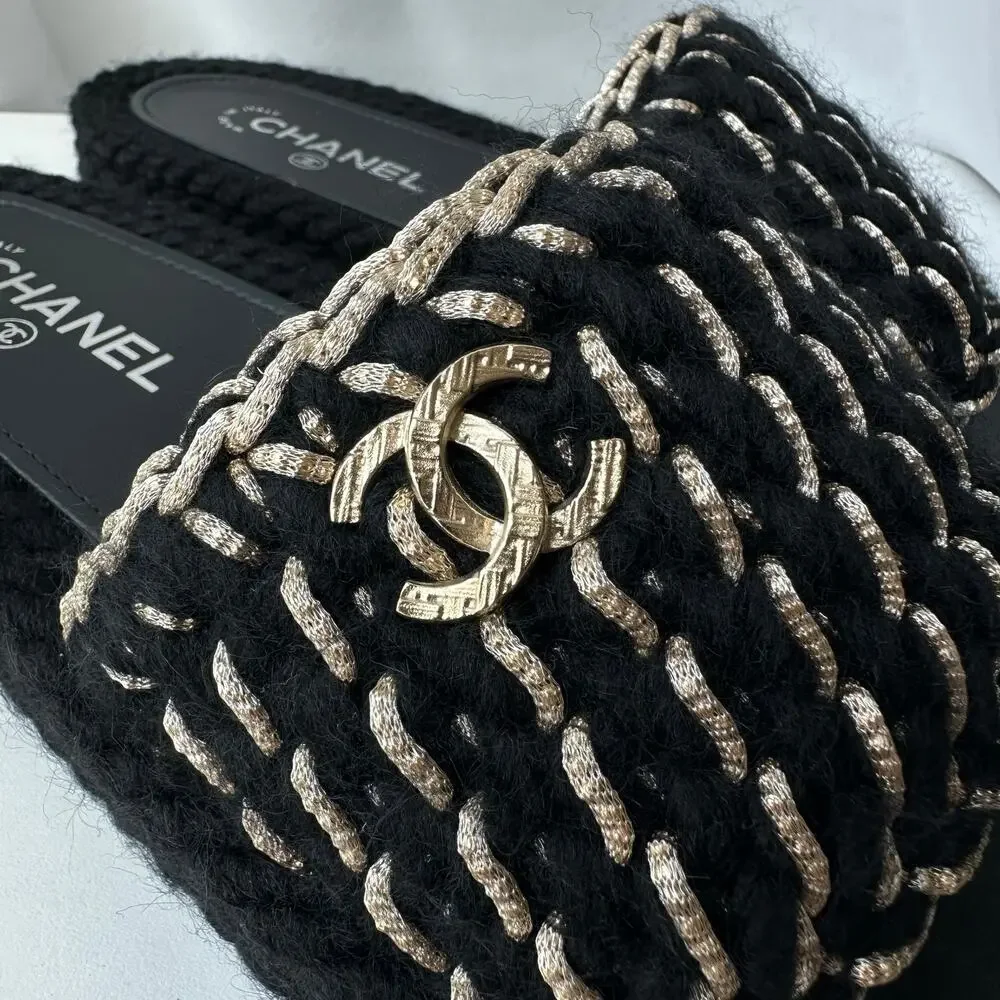 NIB! Chanel (39/8-8.5 US) Interlocking CC Logo Braided Slide Sandals- Black/Gold